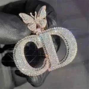 Authentic 3.50Ct Round Moissanite Customized Butterfly Letter Pendant 14K Rose Gold Plated