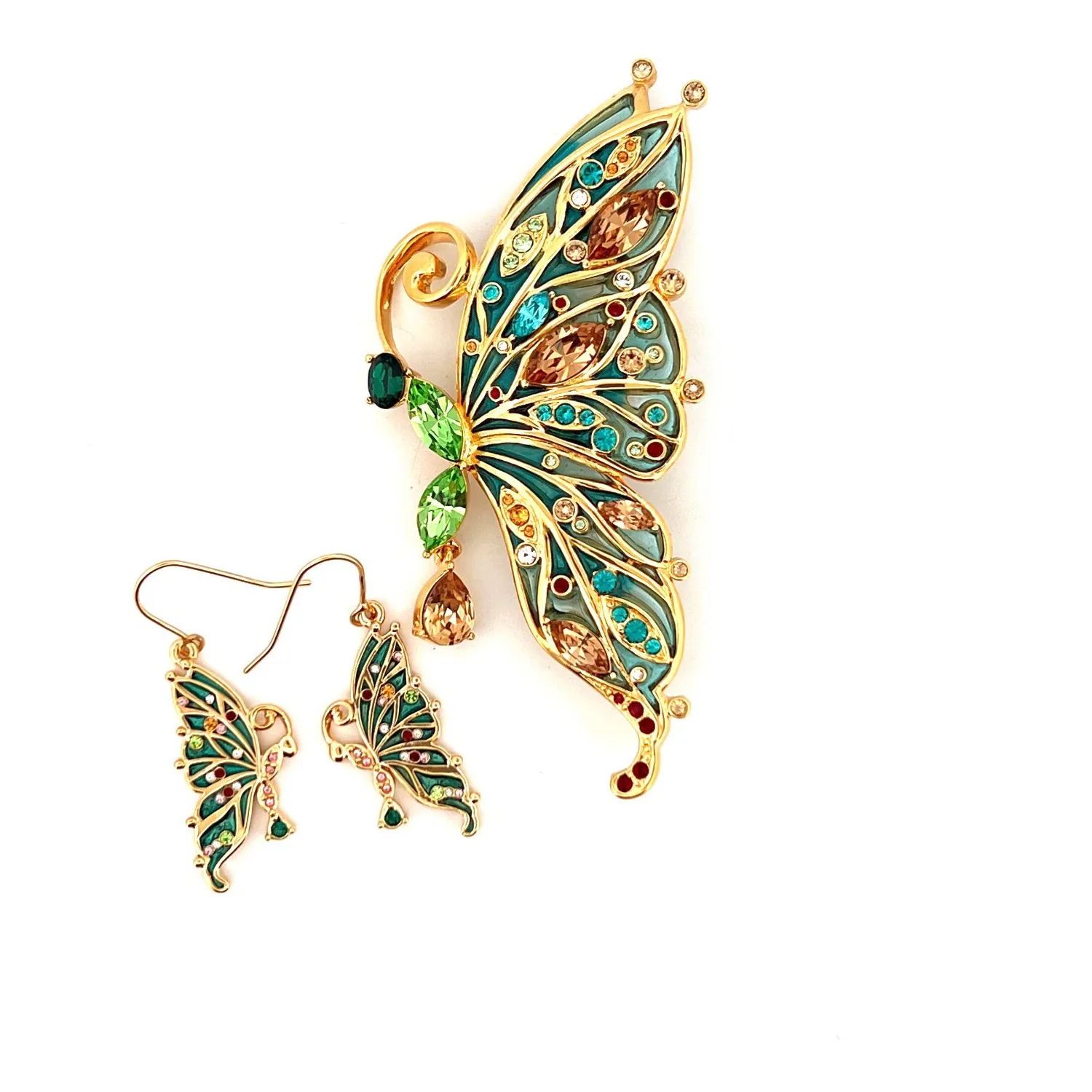Authentic Butterfly Pin Brooch And Earrings Set Art Nouveau Style Gold Plated Metal Alloy