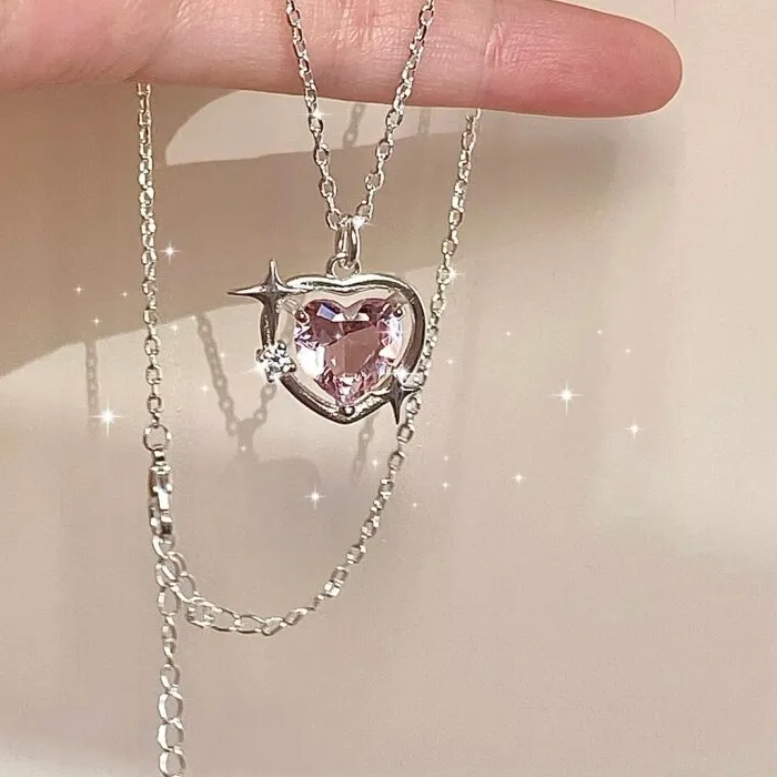 Authentic 1Pcs Silver- Plated Necklace Light Pink Glass Diamond Heart Pendant Jewelry