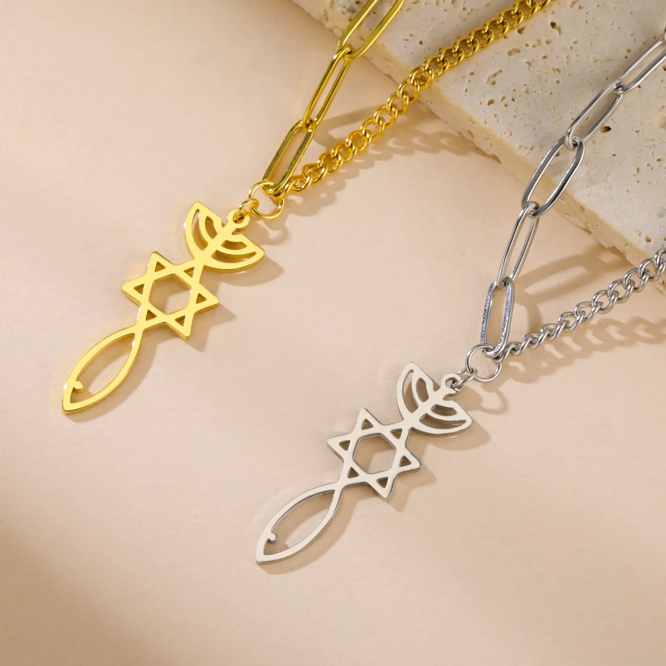 Authentic The Triune Sigil Menorah, Star, And Fish Pendant