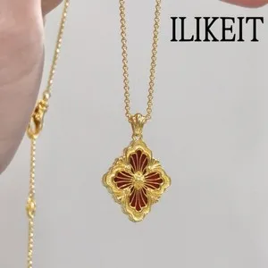 Authentic S925 Silver Gold Plated Four Leaf Clover Red Agate Pendant Necklace