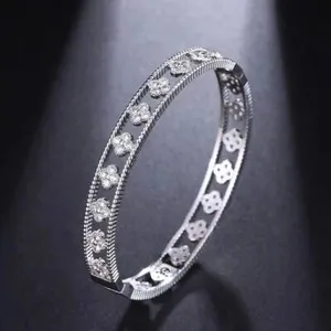 Authentic 2Ct Moissanite Set Four Clover Leaf 2pcs Bracelet 14K White-Yellow Gold Plated