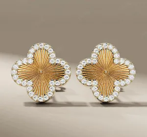 Authentic Clover Moissanite Stud Four Leaf Flower Earrings Dainty Luxury 14k Gold Plated