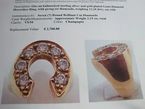 Authentic #188 mans gold plated sterling siilver 2.19TCW seven diamond horseshoe ring