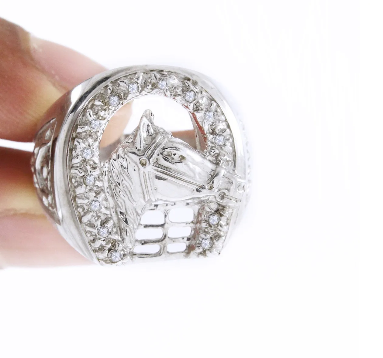 Authentic Radiant Equestrian Talisman Horseshoe Ring in 14K White Gold Over Platinum with Natural Diamonds Size 7