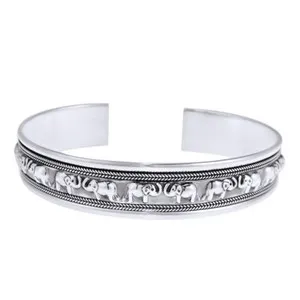 Authentic Lovable Couple Face to Face Elephant 14K White Gold Plated Silver Bracelet Cuff