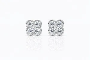 Authentic Moissanite Earrings Iced Four Leaf Clover Gold Plated Stud Screw Back HipHop