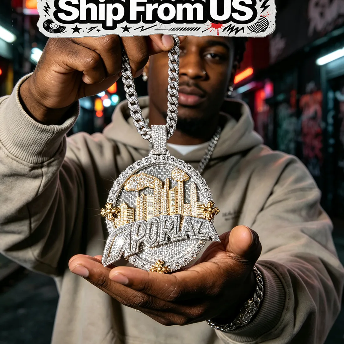 Authentic Cityscape Amulet- Iced- Out Skyline Medallion Pendant In 18K Gold Plate