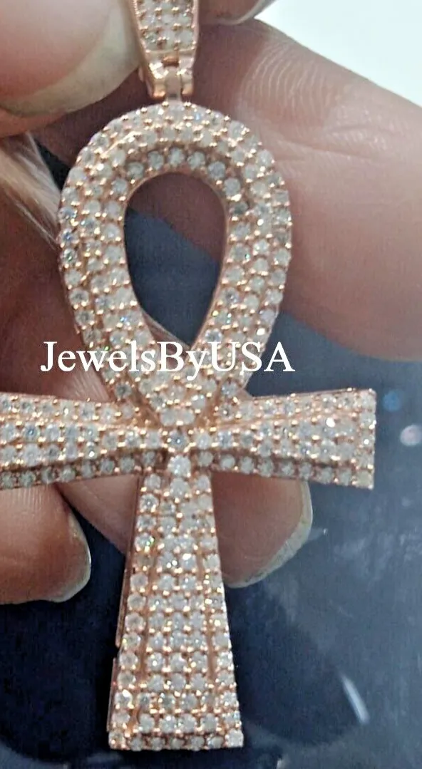 Authentic 2ct Real Moissanite Mens Wedding "ANKH" Pendant 925 Silver Rose Gold Plated