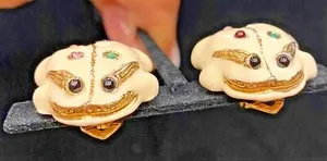 Authentic Vintage Judith Leiber Cabochon and Enamel Gold Plated Frog Earrings
