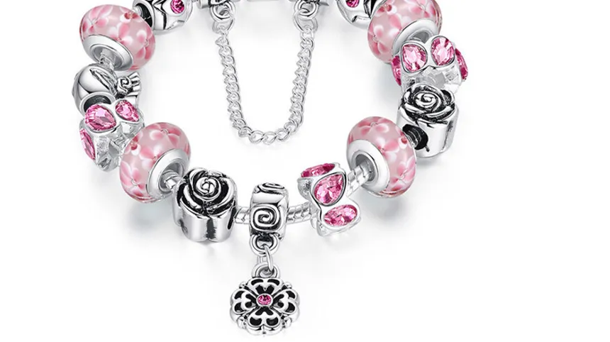 Authentic Radiant Blossom of Celestial Grace 18K White Gold Plated Pink Crystal Charm Bracelet
