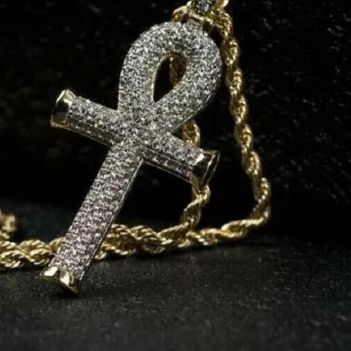 Authentic 2Ct Round Diamond Cross Ankh Theme pendant Only 14K White Gold Plated
