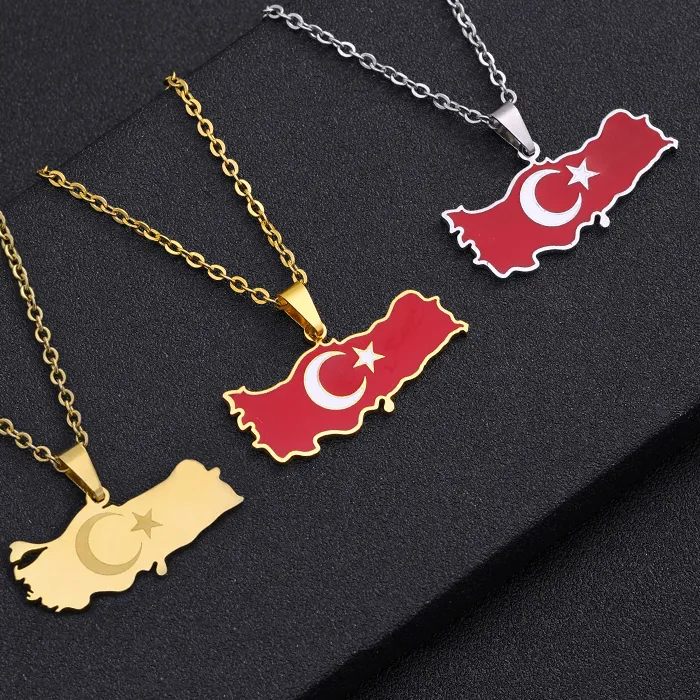 Authentic Turkey Ethnic Map Flag Pendant Necklace Gold Silver Color Turkish Country Map Jewelry