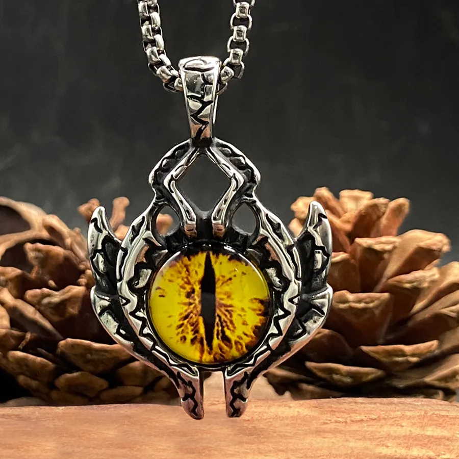 Authentic Gothic Punk Evil Eye Necklace, Biker Chain With Yellow Tone Eye Pendant, Statement Jewelry For Hallo