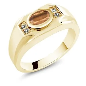 Authentic Men's 18K Yellow Gold Plated Silver Brown Tiger Eye and Diamond Ring (1.38