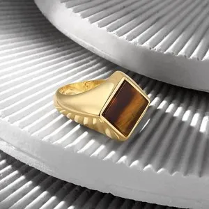 Authentic Tiger Eye Stone Ring Gold Plated Minimal Signet Ring Men’s Unique Gift for Him