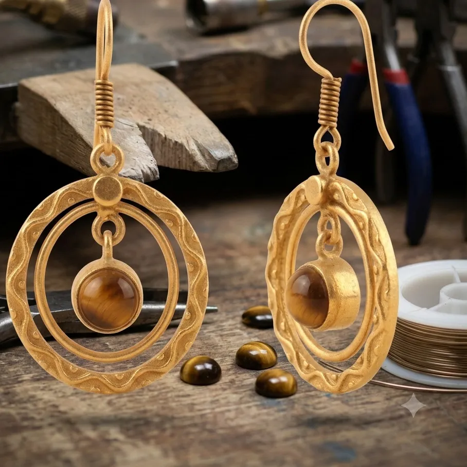 Authentic Gold Plated Tiger Eye Gemstone Dangle Earrings for Women Round Natural Earring