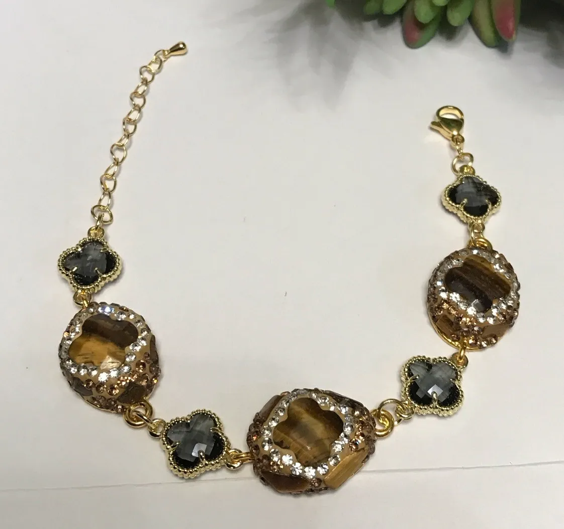 Authentic Mystic Tiger’s Eye Guardian Bracelet – Gold‑Plated Crystal Clover Talisman (Turkish Elegance)