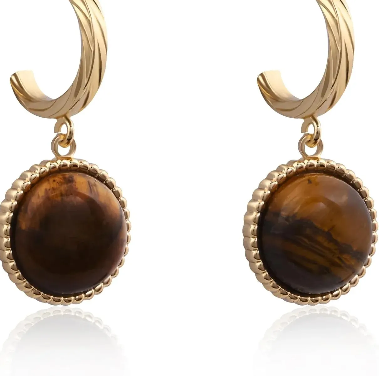 Authentic Tiger's Eye Dangle Earrings - Golden Hoop of Protection and Power