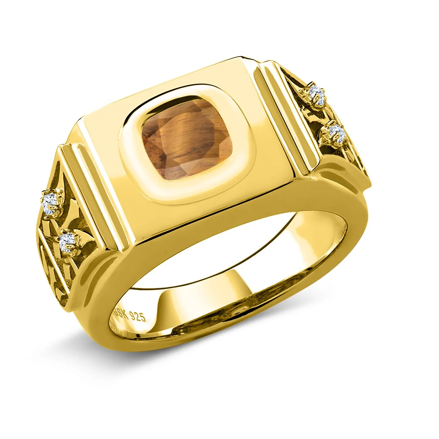 Authentic 2.04 Ct Cushion Brown Tiger Eye 18K Yellow Gold Plated Silver Men's Ring