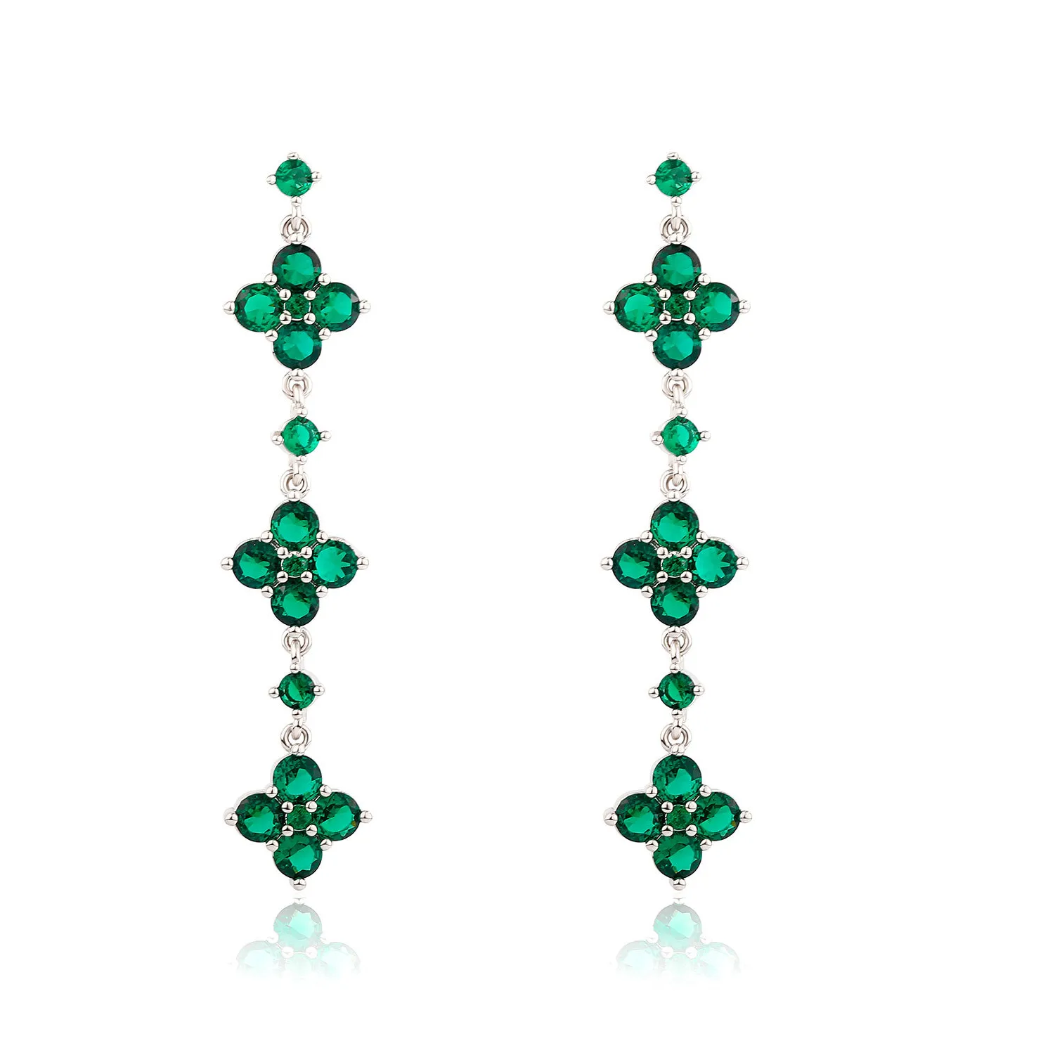 Authentic Long Tassel Four Leaf Clover Dangle Earrings Green Cz Pin Elegant Creative Drop Ear Jewelry