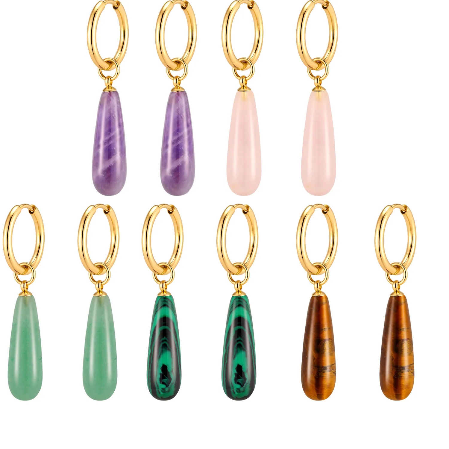 Authentic Natural Stone Drop Earrings 18k Gold Plated Stainless Steel Teardrop Amethyst Tiger Eye Rose Quartz Jewelry Nickel-Free