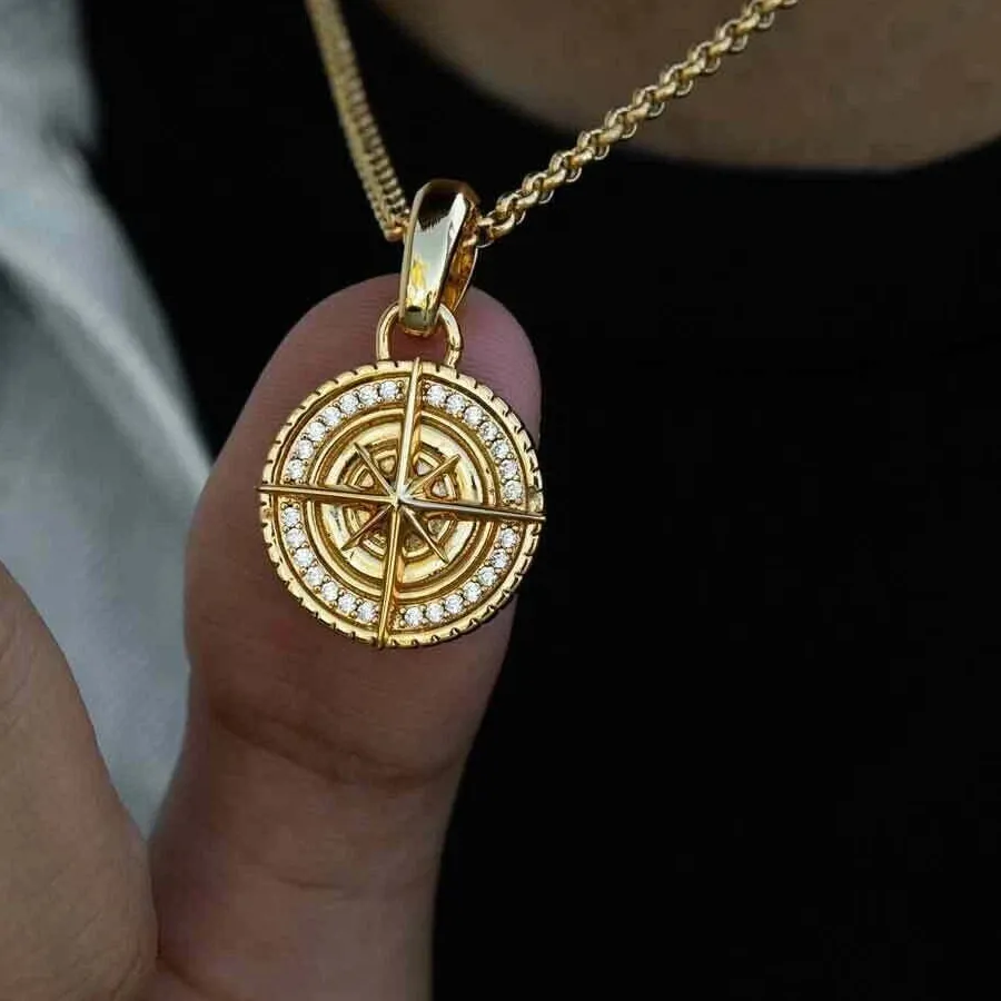 Authentic The Compass of Destiny - 1.70Ct Round Cut Moissanite Compass Men's Pendant in 14K Yellow Gold Plated