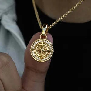 Authentic 1.70Ct Round Cut Real Moissanite Compass Men's Pendant 14K Yellow Gold Plated