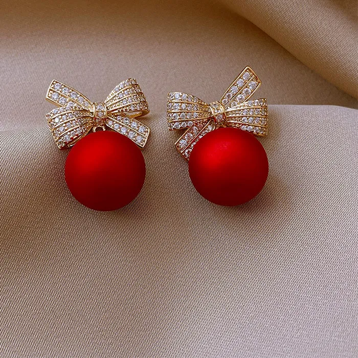 Authentic Crystal Bow Knot Stud Earrings Pearl Cherry Flowers Rhinestone Red Earring Christmas Jewelry