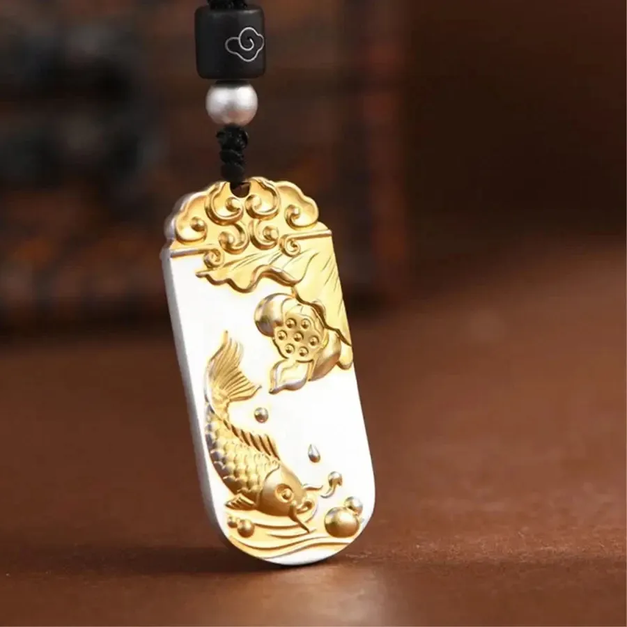 Authentic Gold Plated Pure 999 Fine Silver Pendant Lotus Flower and Fish Pendant 46mm H