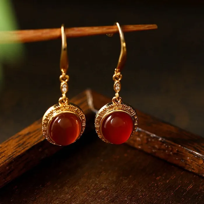 Authentic Crimson Root Red Jade Drop Earrings in 18K Gold Plating