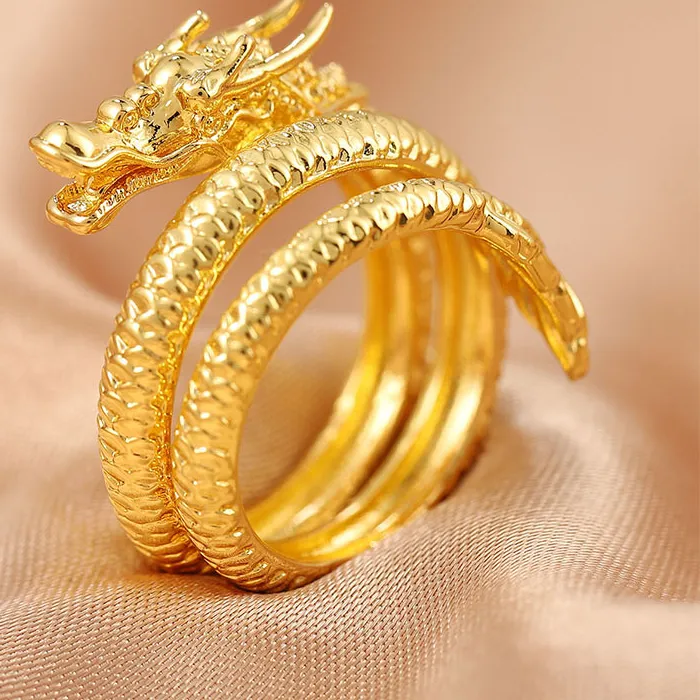 Authentic Foxanry Gold Color Dragon Geometric Rings For Women Couples Vintage Creative Design Personality Party Jewelry Gifts
