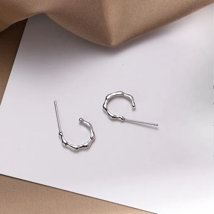 Authentic Minimalist 925 Sterling Silver Semi- Circle Bamboo- Shaped Stud Earrings Girls Jewelry Accessories