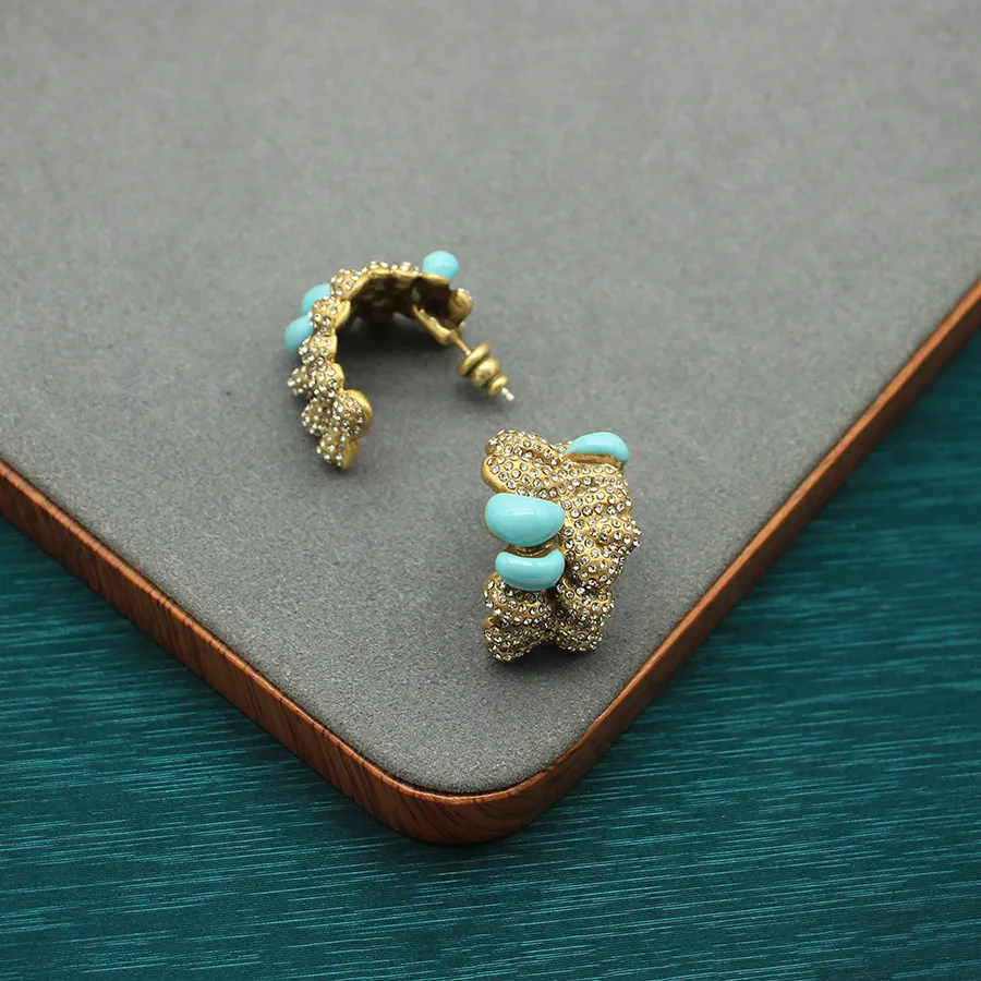 Authentic Used Blue Enamel Earrings Adjustable Ring Heavy Industry Mosaic Jewelry Suit