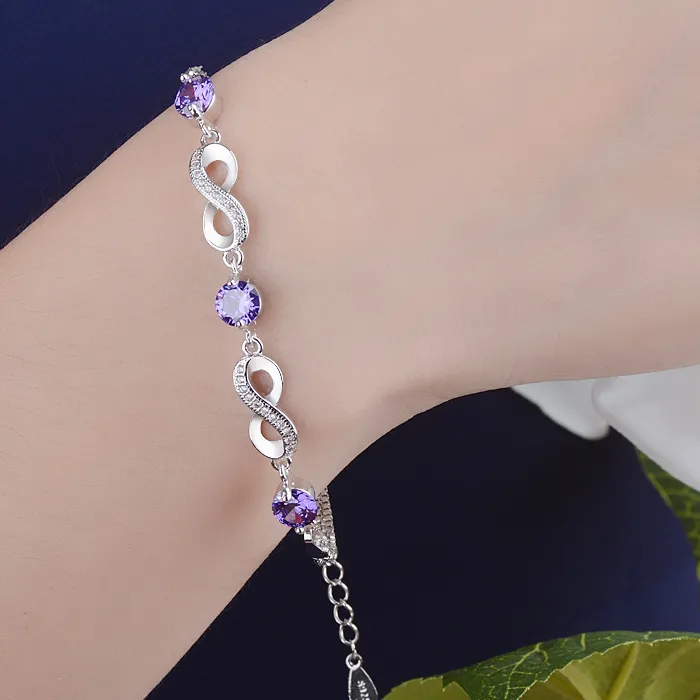 Authentic 925 Sterling Silver Infinity Bracelet Purple Crystal With Cz 8 Shaped Bracelet Jewelry