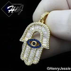 Authentic MEN WOMEN 925 STERLING SILVER ICY BLING CZ GOLD PLATED HAMSA HAND PENDANT*GP360