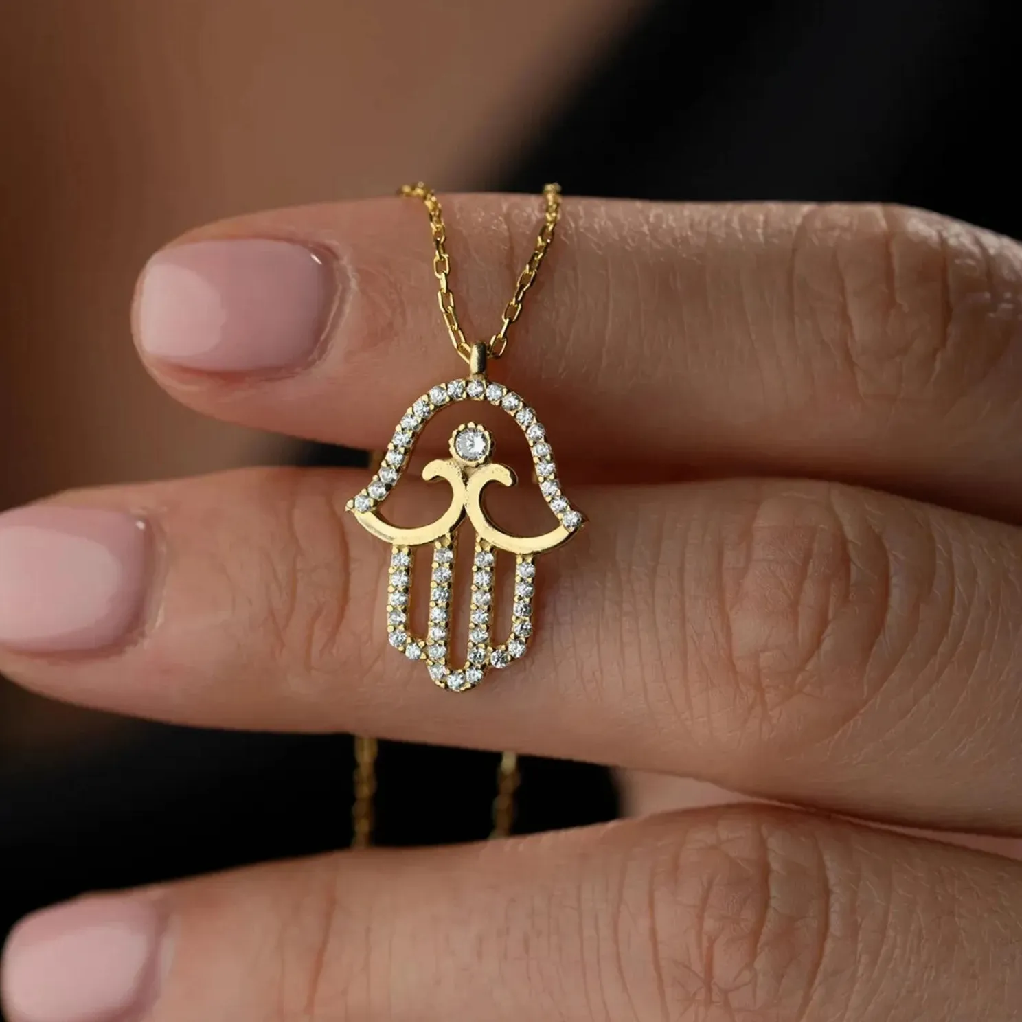 Authentic 0.40 Ct Round Moissanite Hamsa Religious Womens Necklace 14K Yellow Gold Plated