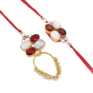 Authentic Elegant Red Garnet Pearl Gold Plated Couple Rakhi for Bhai Bhabhi Bracelet A807