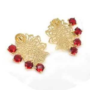 Authentic Red Garnet Quartz Simulated Gemstone Handmade Gold Plated Earring 1.5 L849