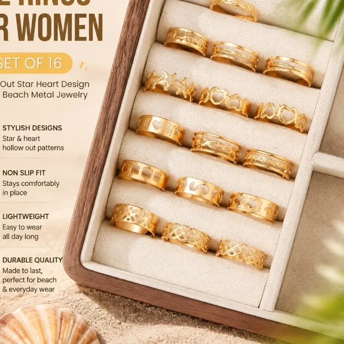 Authentic Celestial Pathways The Hollow Star And Heart Gold- Plated Toe Ring Assemblage Of Sixteen