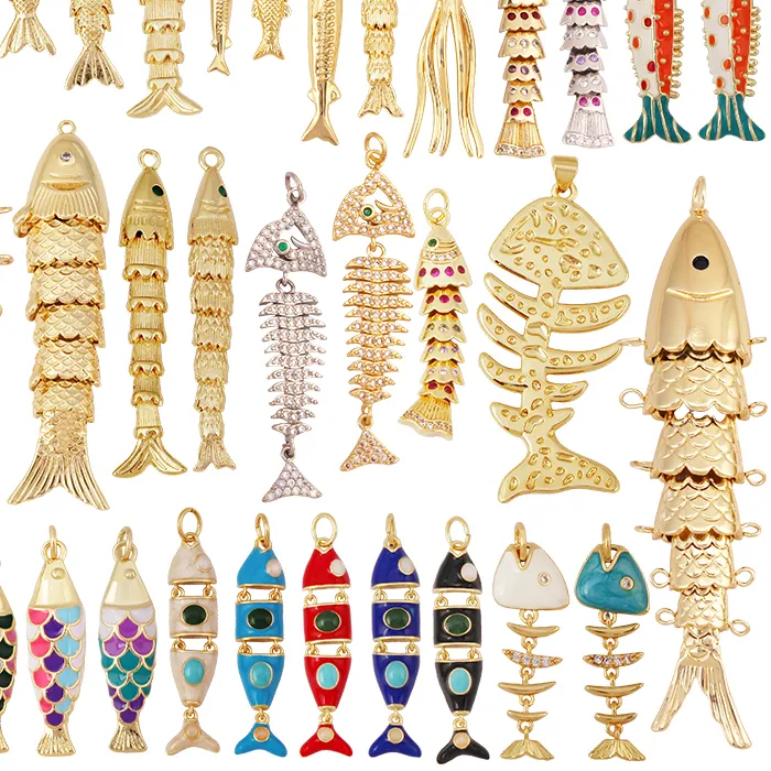 Authentic Enamel Fish Bone Squid Marine Sea Dalphin Pendant, 18K Real Gold Silver Plated Zircon Jewelry Finding Supplies S87 S75