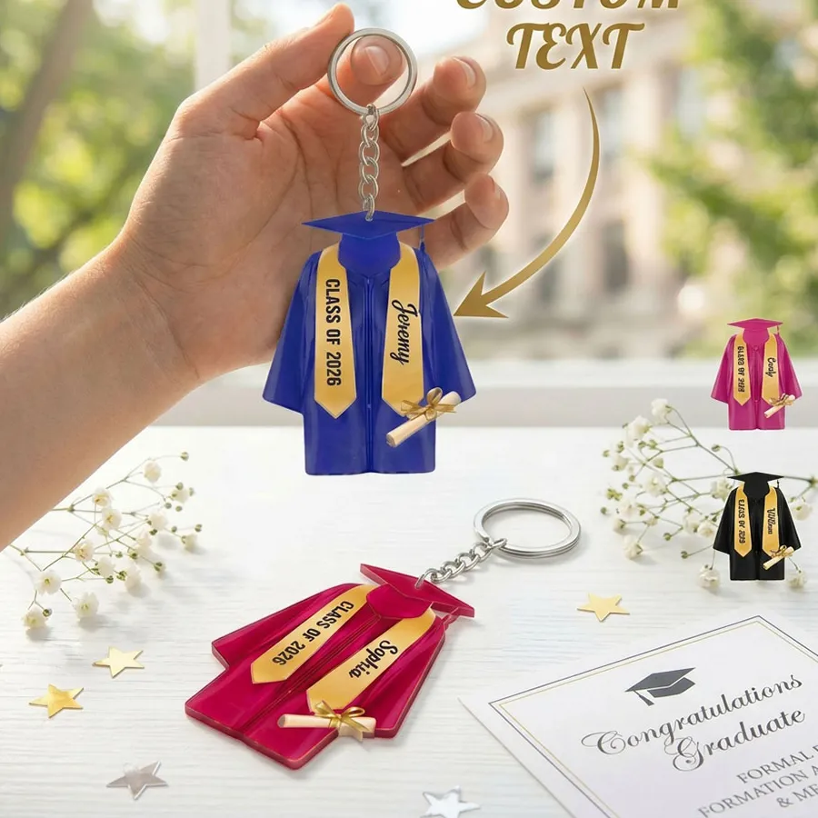 Personalized Graduation Keychain, Custom Name And Class Year Acrylic Cap And Gown Keyring, Grad Gown With Gold Sash Diplom
