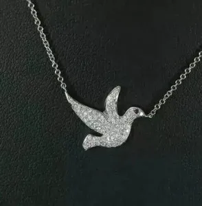Authentic 1.00Ct Round Cut Real Moissanite Dove Pendant 14K White Gold Plated Necklace 18"