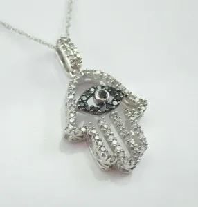 Authentic 14k White Gold Plated 1CT Round Real Moissanite Hamsa Hand Silver Charm Pendant