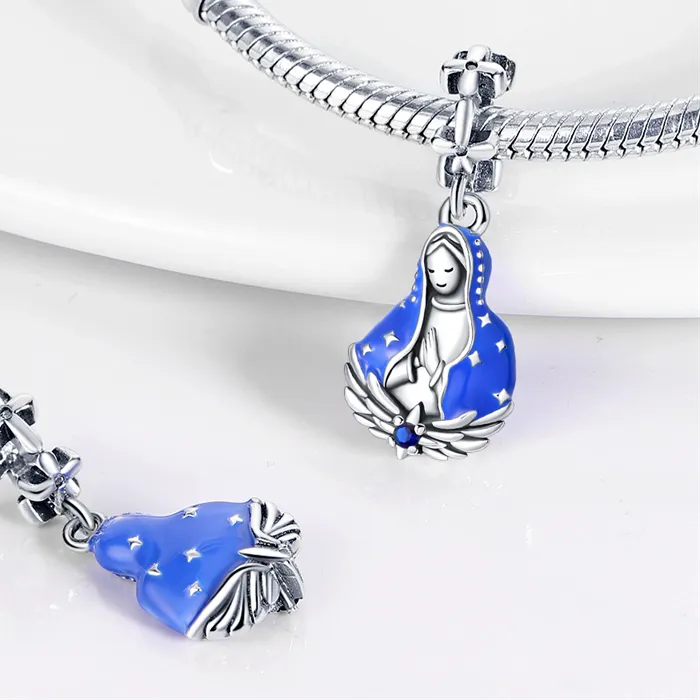 Authentic Original Charms 925 Sterling Silver Blue Virgin Mary Pendant Beads Fit Bracelet Jewelry Making Diy