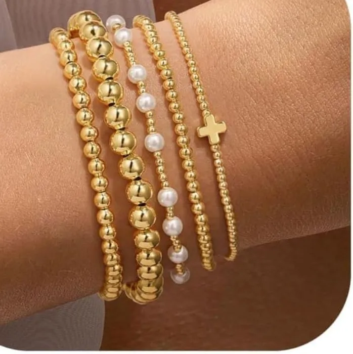 Authentic 14K Gold Plated Dainty Round Beaded Ball Pearl Cross Bracelet Stack Set Women