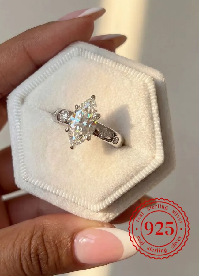 Authentic 925 Sterling Silver Zircon Marquise Ring Anniversary Daily Fine Jewelry