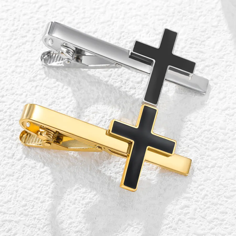 Cross Tie Clip Black Enamel Tie Bar For Business Suit Religious Christian Necktie Clip Jewelry Faith