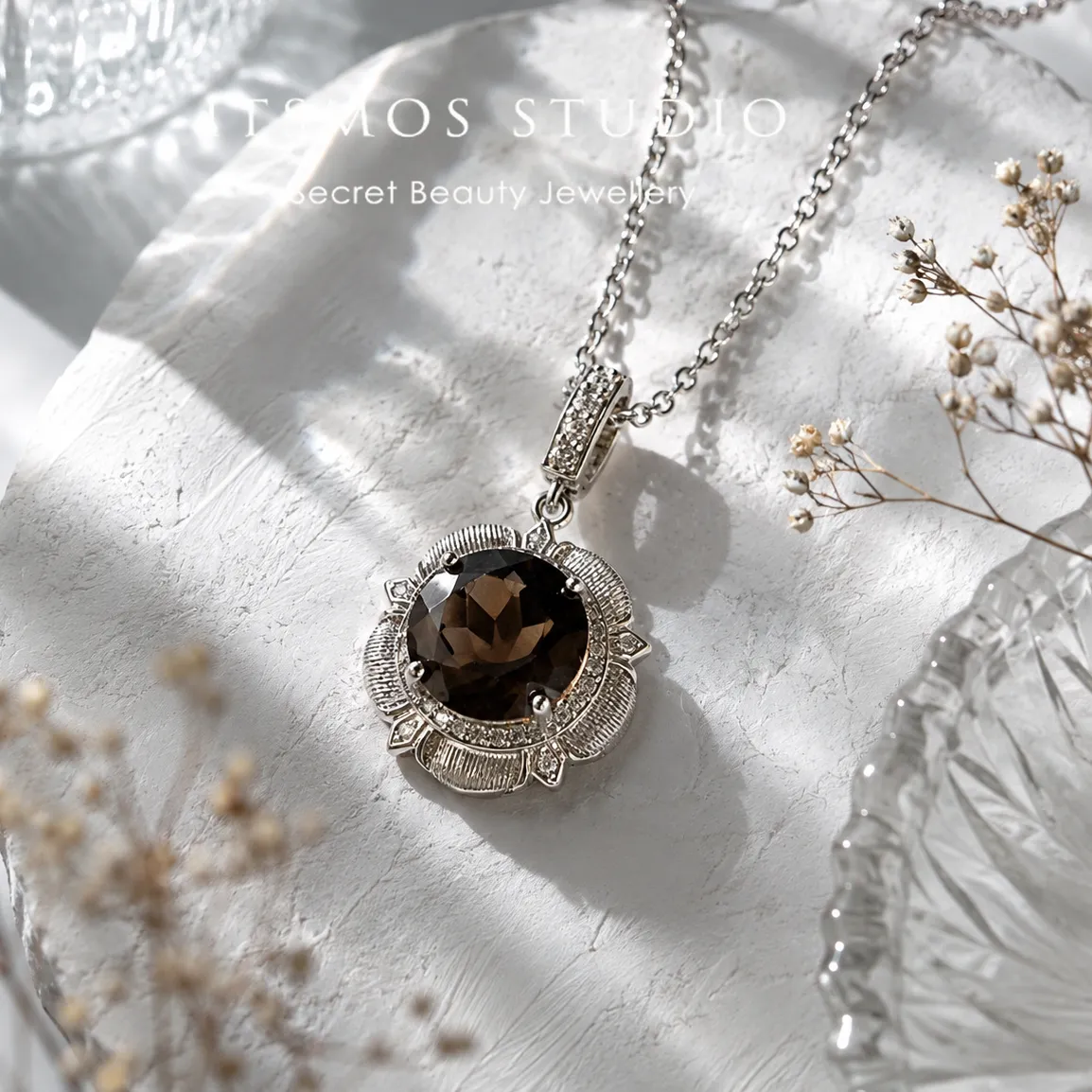 Authentic Itsmos Natural Smoky Quartz Pendant Necklace Art Deco Brown Halo Pendant With Pavé Bail Antique Style Fine Jewelry