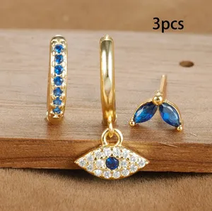 Authentic 3pcs Blue Zircon Evil Eye Hoop Earrings 18K Gold Plated Women Jewelry
